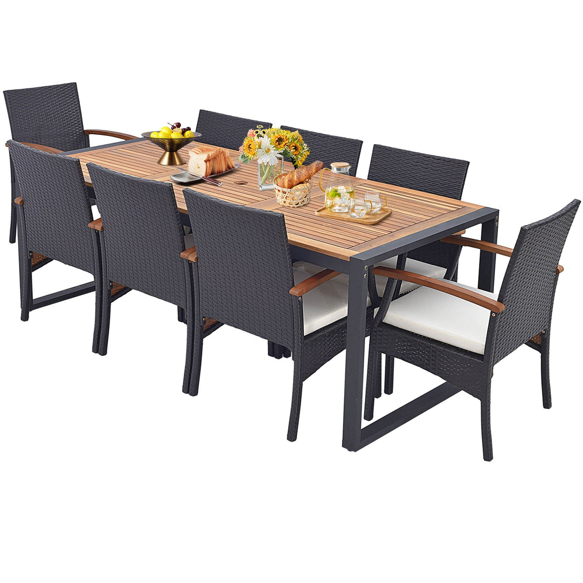 9 Pieces Patio Rattan Dining Set with Acacia Wood Table for Backyard Garden, photo 9 of 11