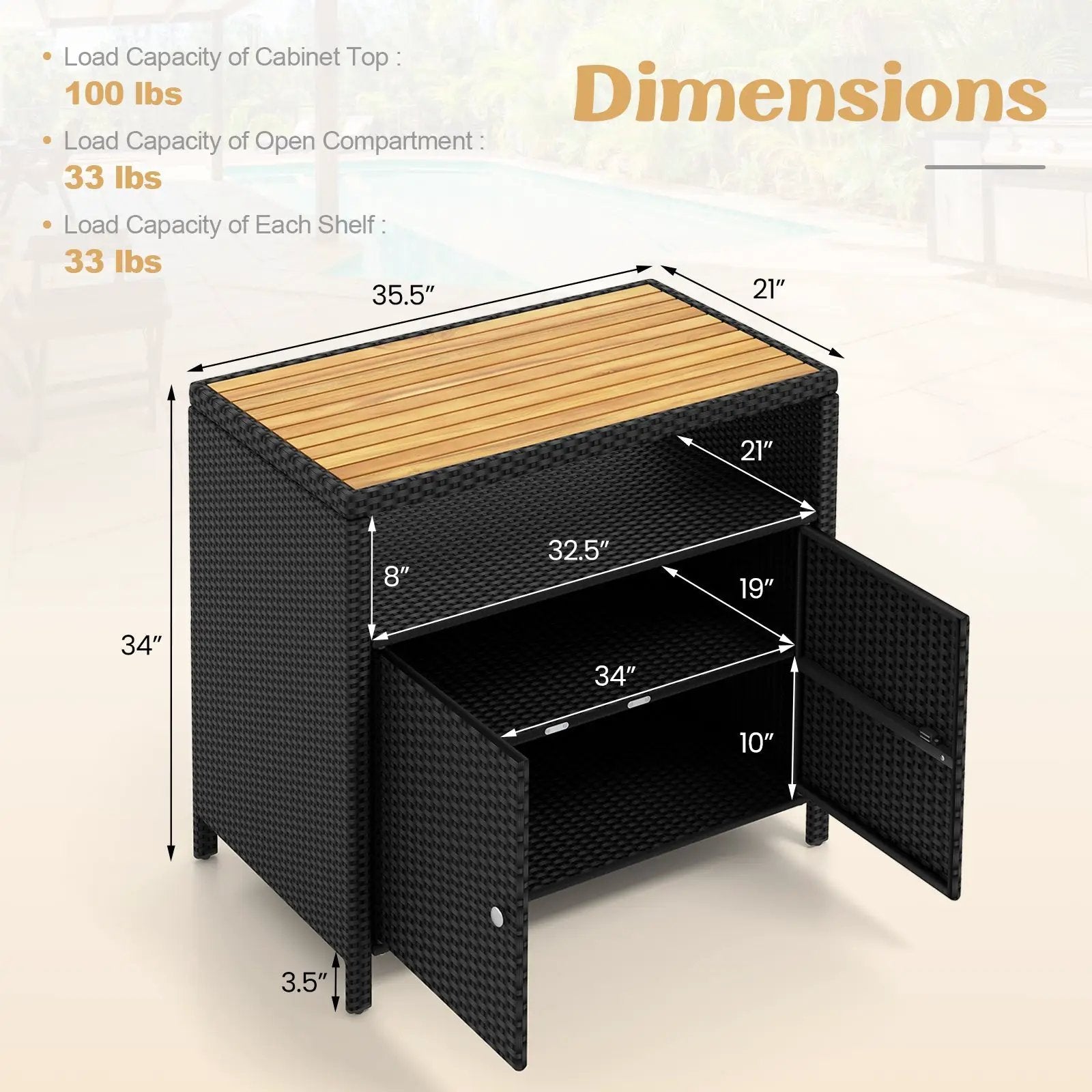 Rattan Storage Cabinet with Acacia Wood Countertop for Poolside Deck and Patio by DirectDeals