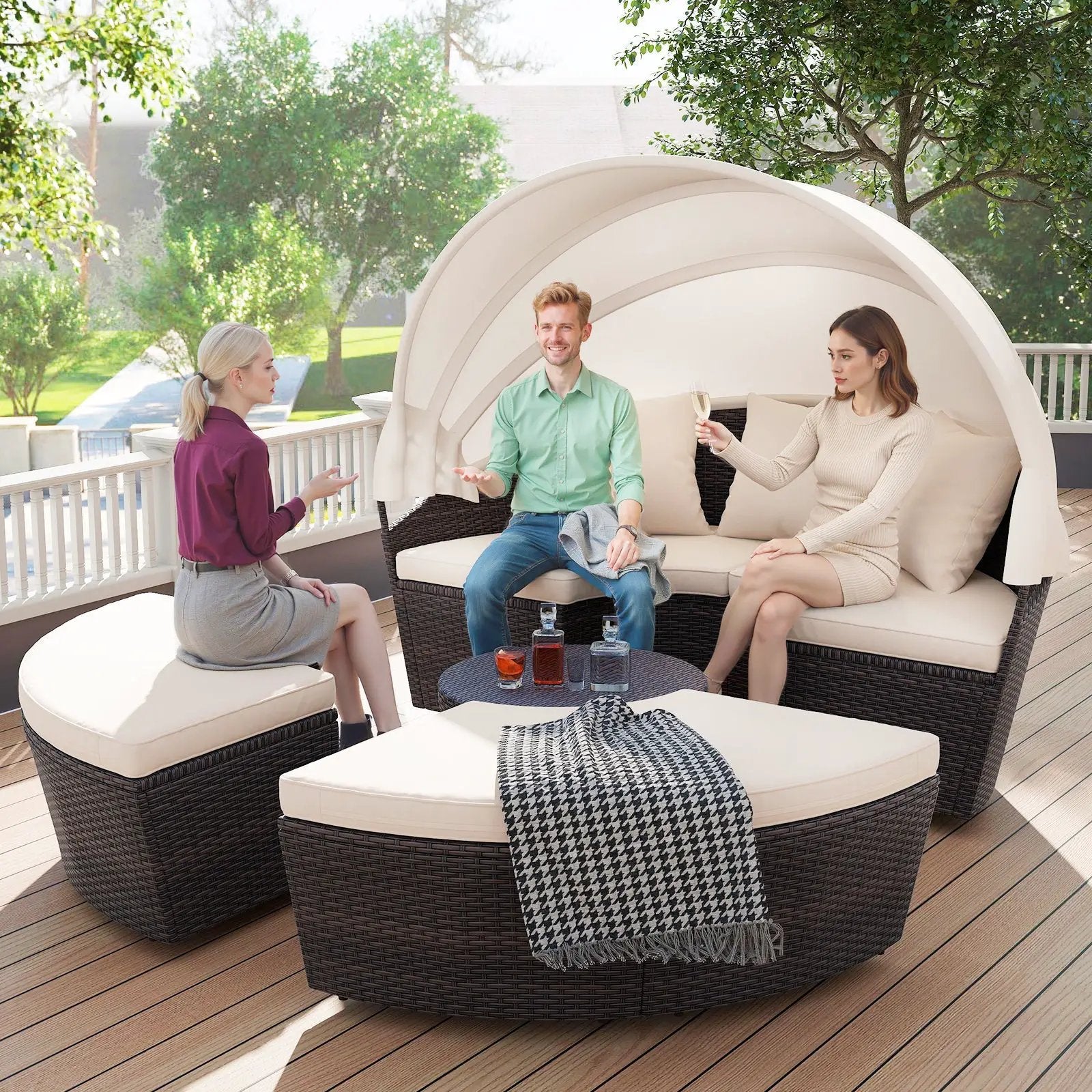 Patio Round Daybed with Retractable Canopy-White by DirectDeals