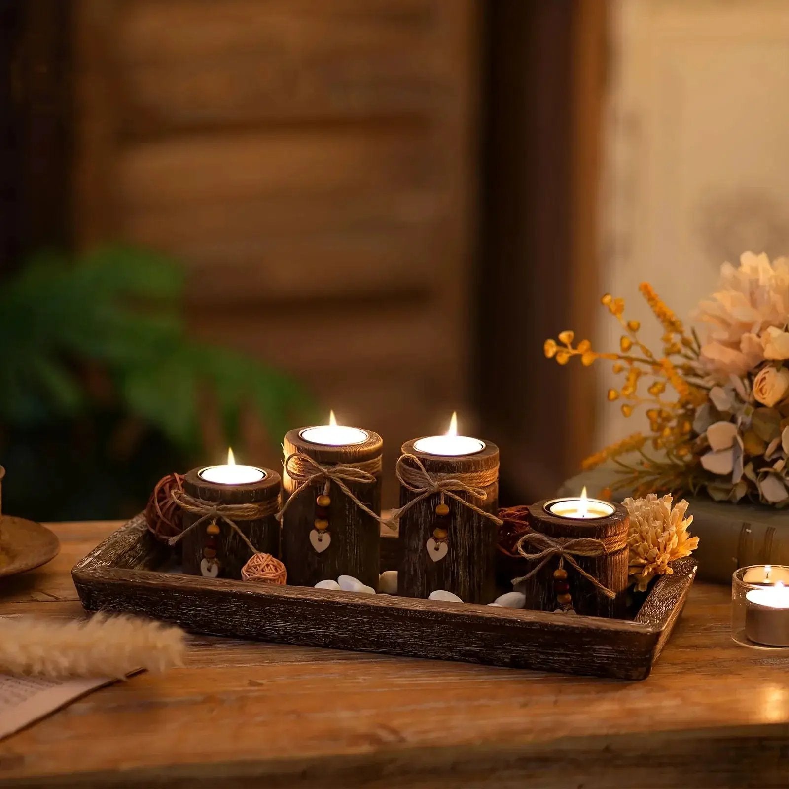 Paulownia Wood Centerpiece Tray with 4 Tealight Holders & Beaded Accent by House Of Avana