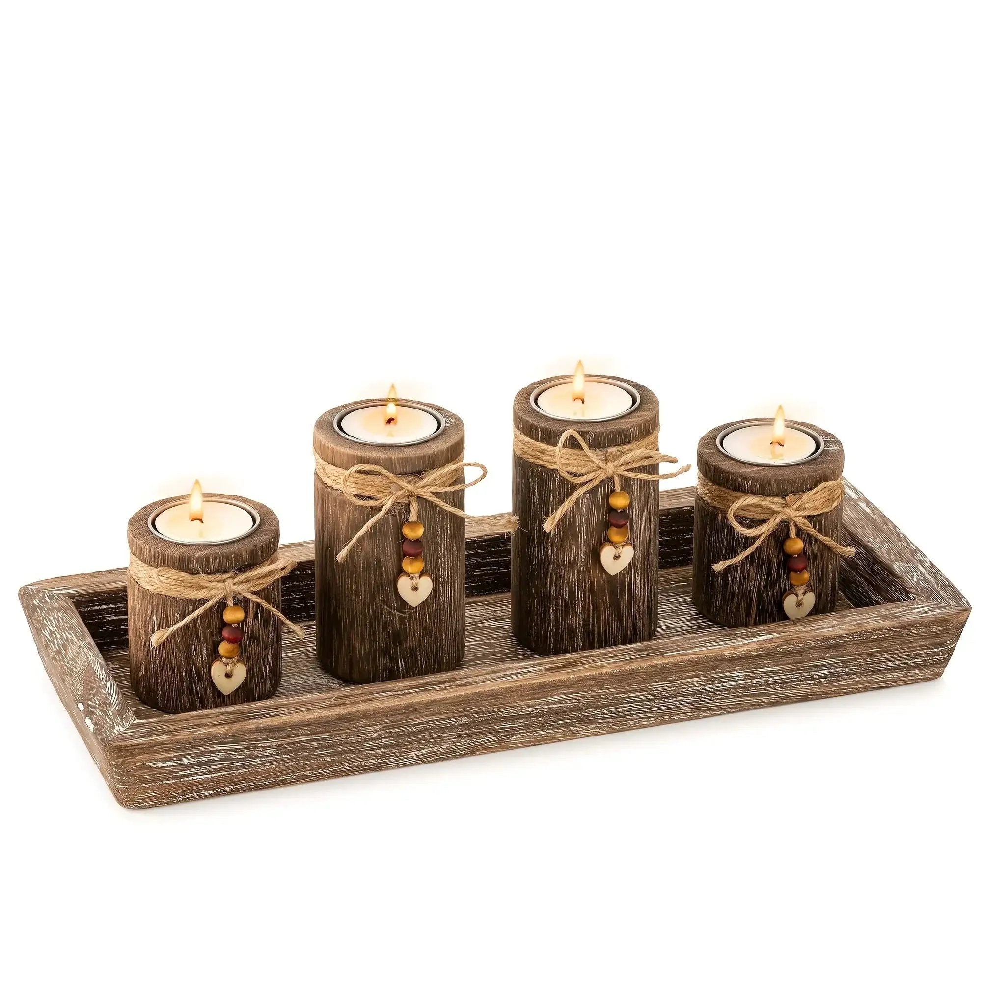 Paulownia Wood Centerpiece Tray with 4 Tealight Holders & Beaded Accent by House Of Avana