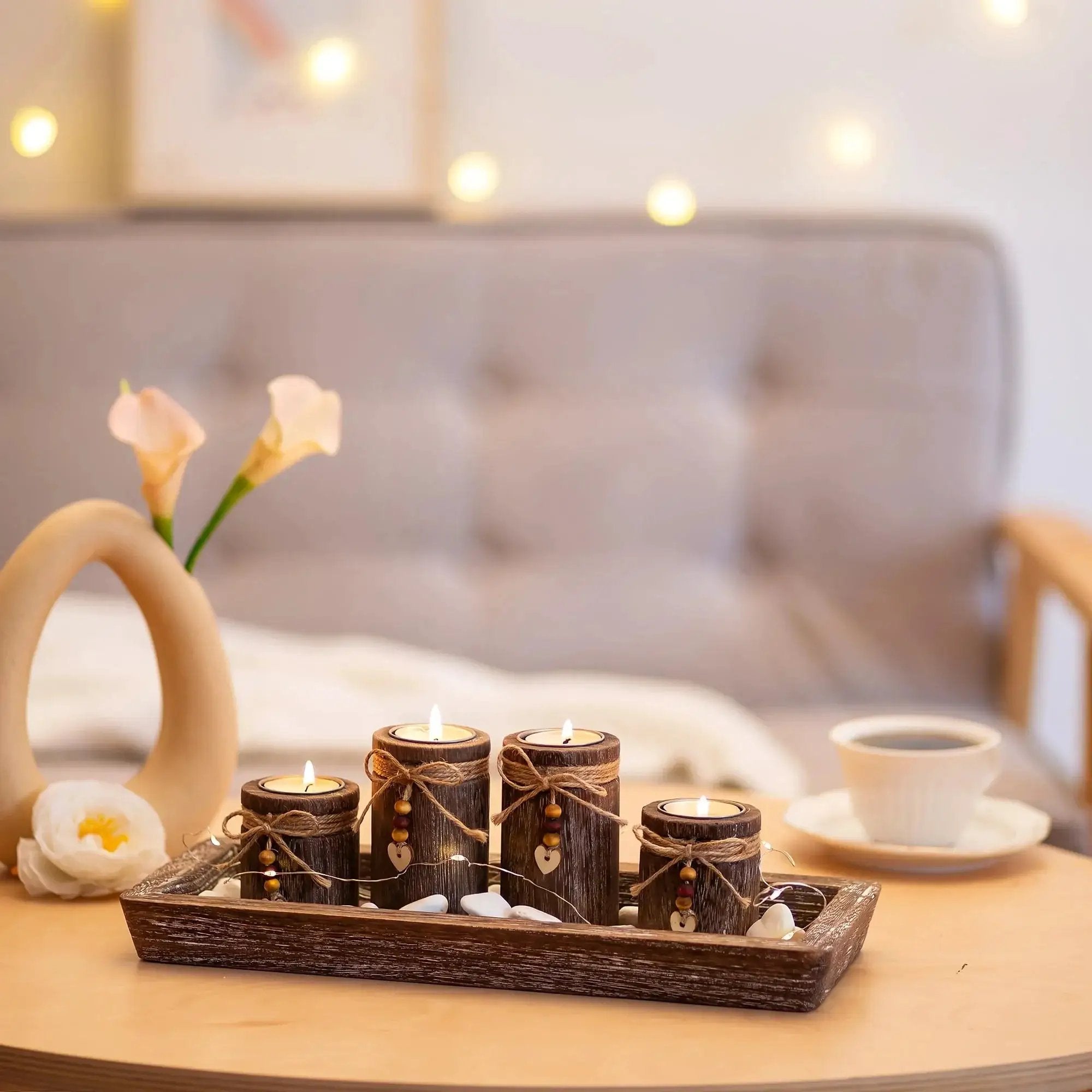 Paulownia Wood Centerpiece Tray with 4 Tealight Holders & Beaded Accent by House Of Avana