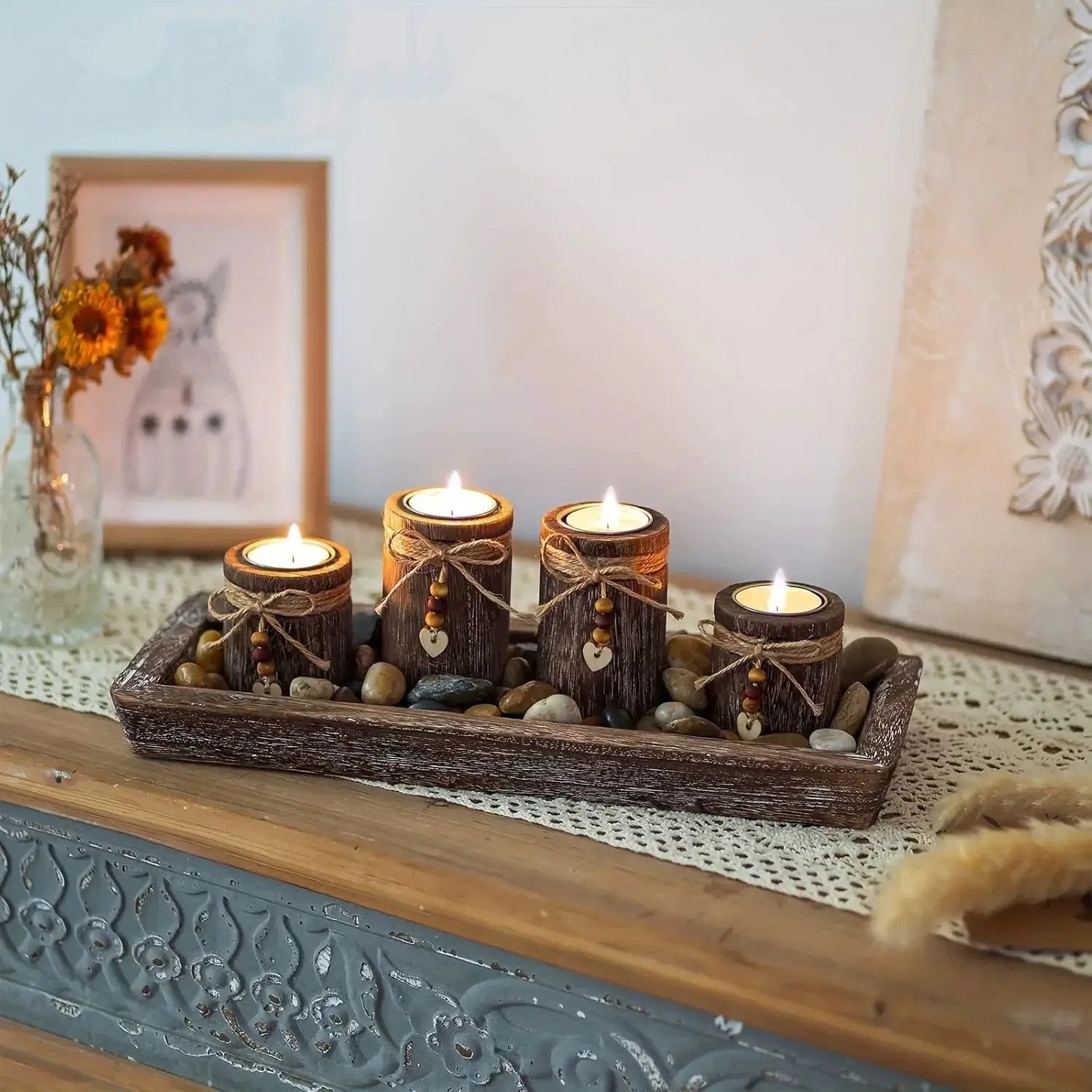 Paulownia Wood Centerpiece Tray with 4 Tealight Holders & Beaded Accent by House Of Avana