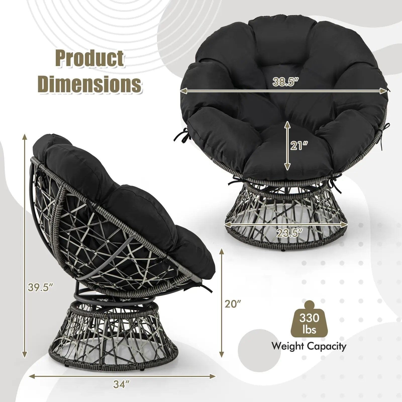 PE Wicker Papasan Chair with Thick and Removable Cushion-Black by DirectDeals