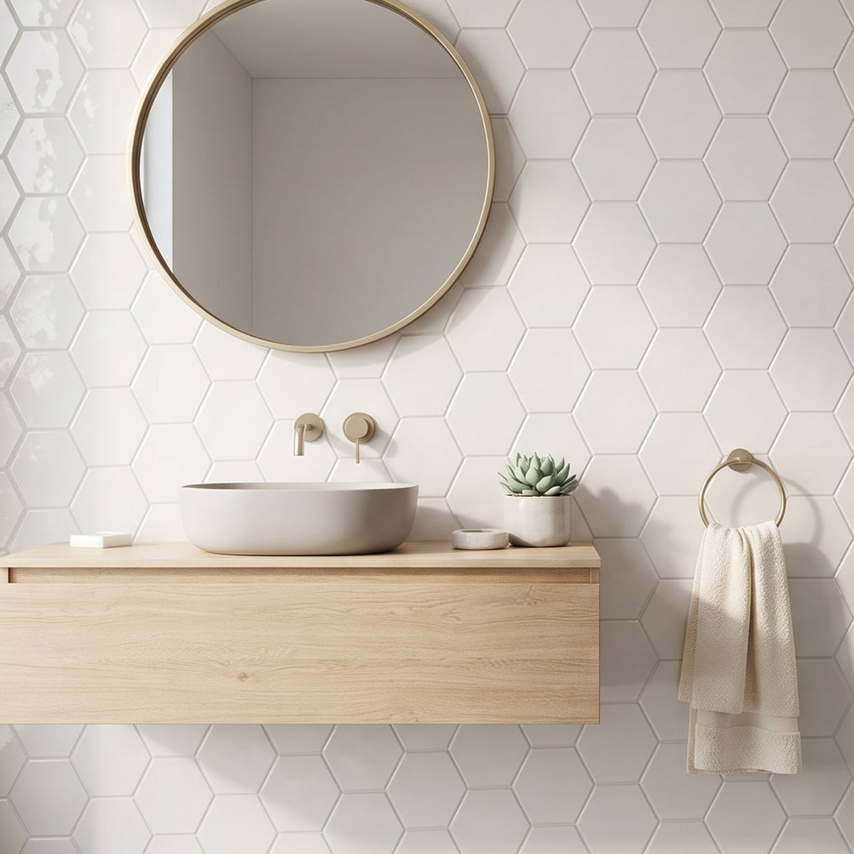 A modern bathroom interior with white hexagonal wall tiles, a floating light wood vanity, a white vessel sink, a round gold-framed mirror, a small towel ring with a cream towel, and a glass shower enclosure.