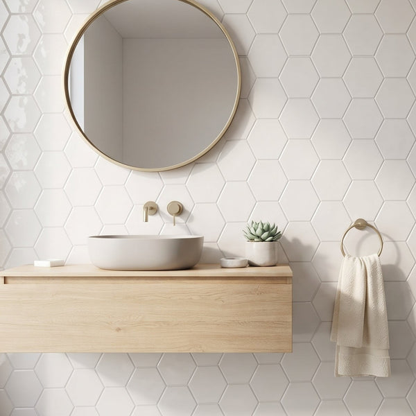 A modern bathroom interior with white hexagonal wall tiles, a floating light wood vanity, a white vessel sink, a round gold-framed mirror, a small towel ring with a cream towel, and a glass shower enclosure.