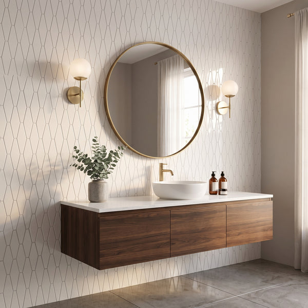 A modern floating bathroom vanity with a white countertop, white vessel sink, gold faucet, and a large round gold-framed mirror on a patterned beige wall. Two gold wall sconces, a small potted plant, and two amber bottles are arranged around the vanity.