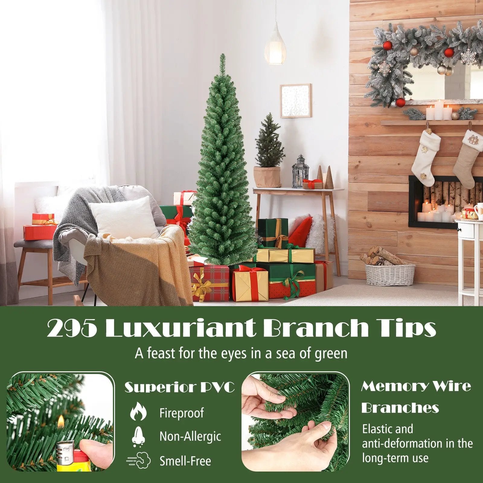 Pencil Christmas Tree with Memory Wire Branch Tips and Warm LED Lights by DirectDeals