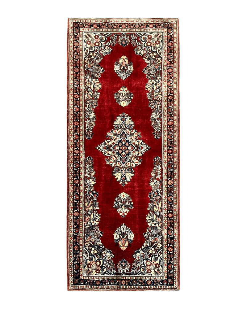 Persian Sarouk Runner Rug 2.7 x 6, Semi Open Field, Red, Handmade Hand Knotted, Wool Oriental Carpet, Vintage Semi Antique