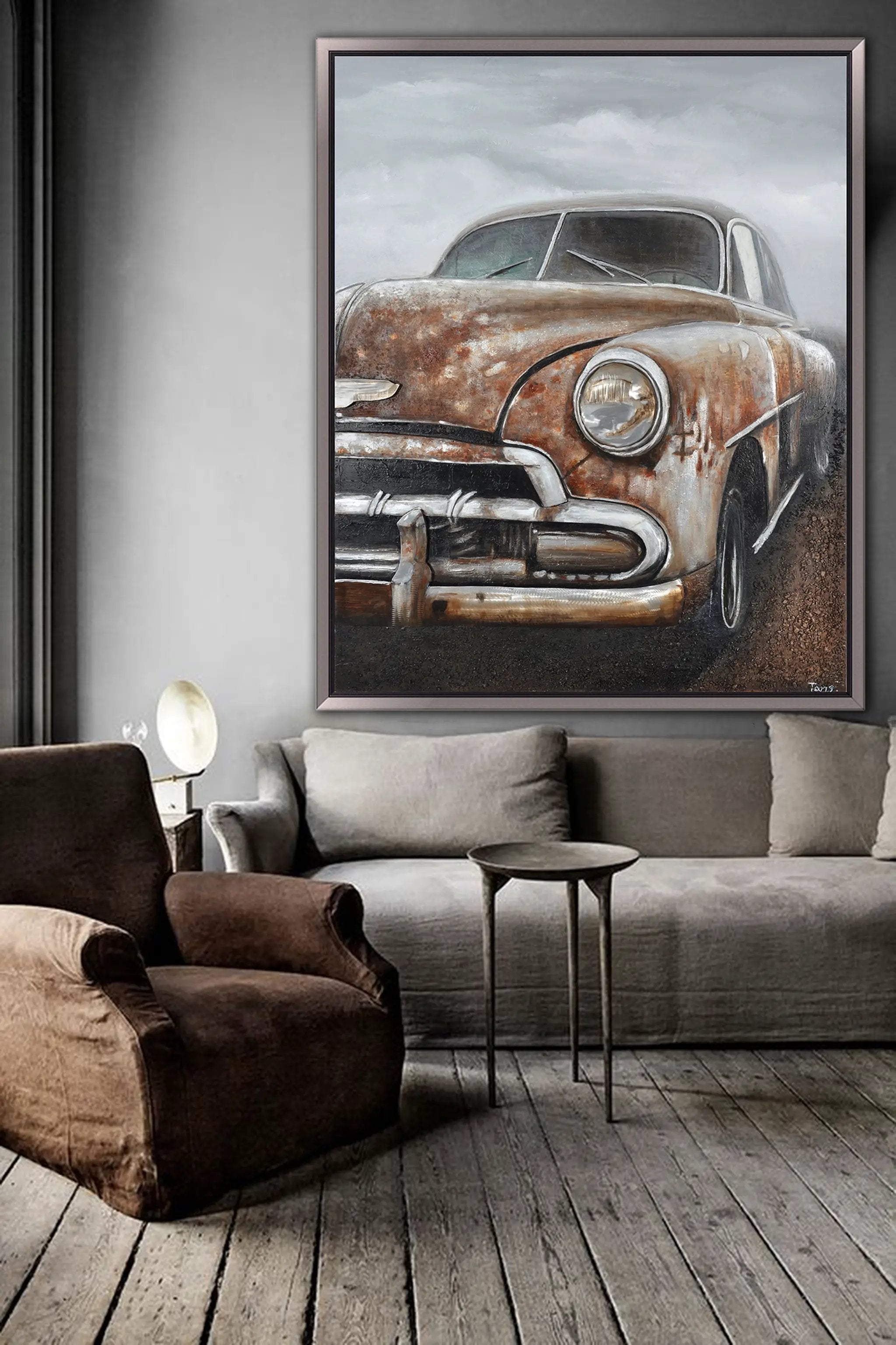 Hand Painted Acrylic and Aluminum 3D Wall Art Vintage Car 47 x 59 Rectangular Canvas with a Dark Brown Wooden Frame by Sharicks