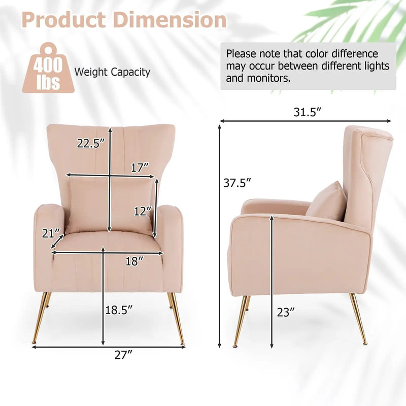 Velvet Upholstered Wingback Chair with Lumbar Pillow and Golden Metal Legs by DirectDeals