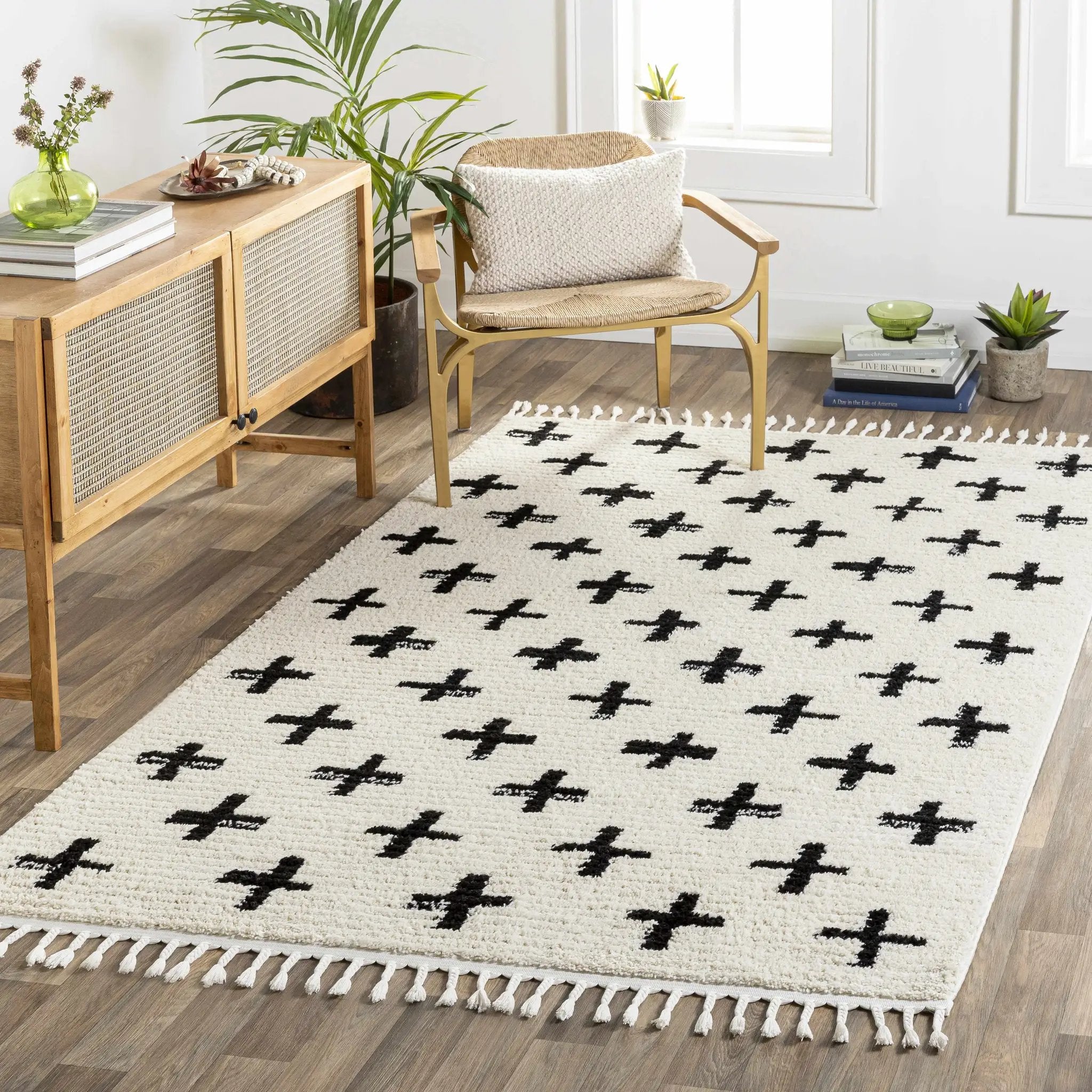 Anda Black on White Moroccan Plush Rug - Clearance by Boutique Rugs