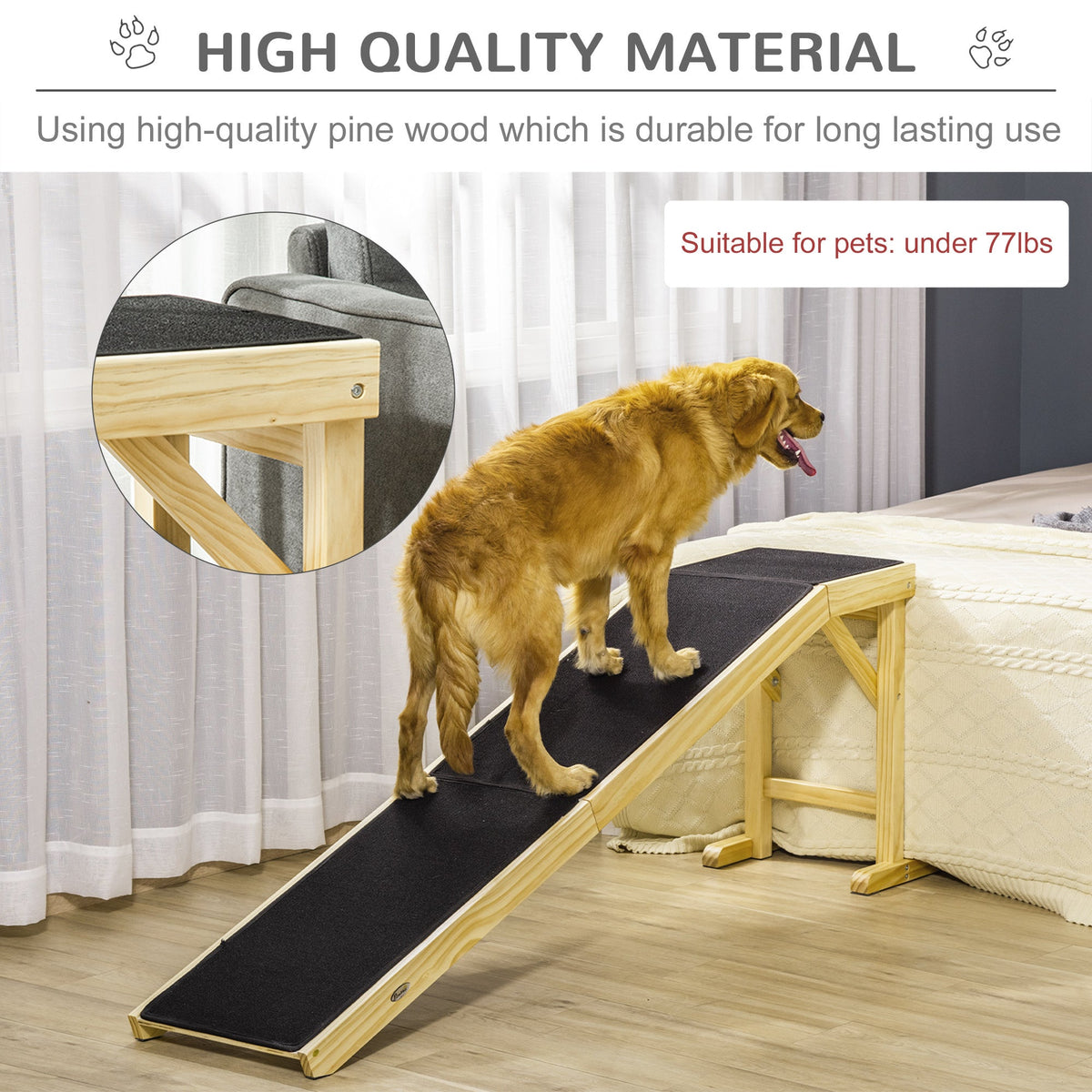Pine Wood Pet Ramp with Non-Slip Carpet - Dog Ramp for Bed, photo 4 of 7