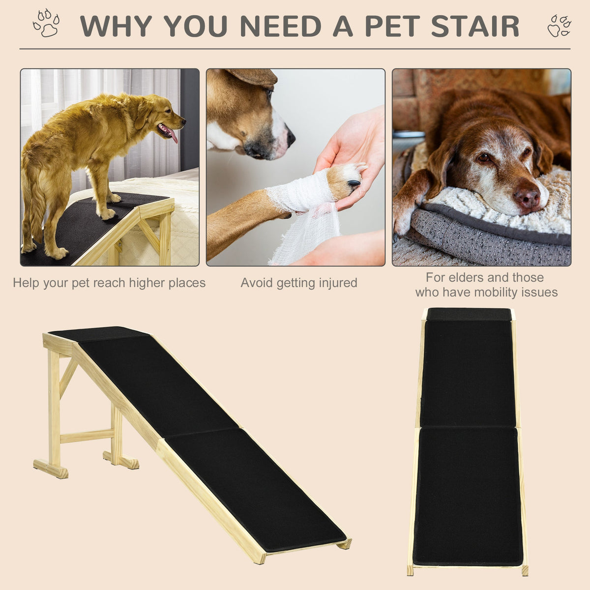 Pine Wood Pet Ramp with Non-Slip Carpet - Dog Ramp for Bed, photo 5 of 7