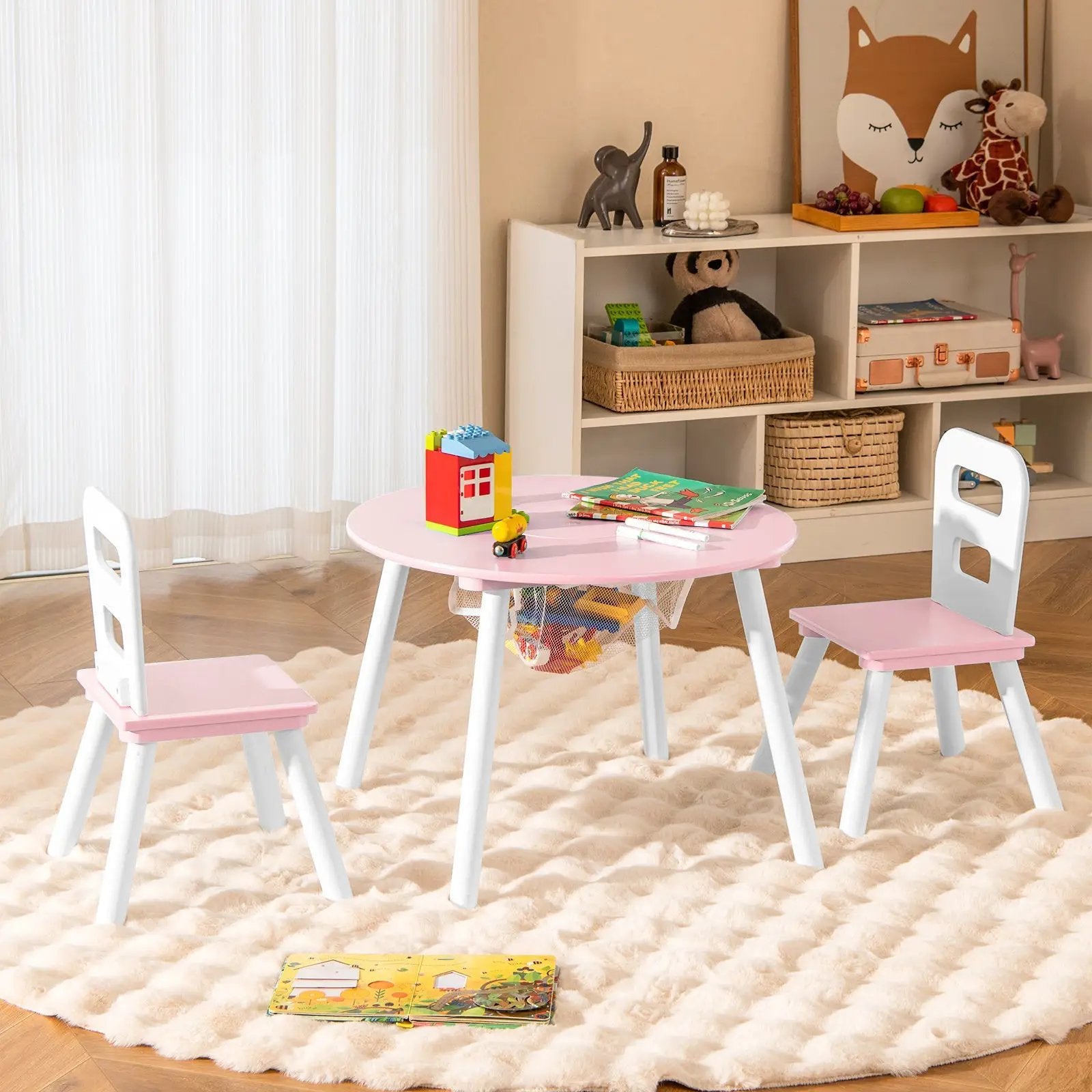 Wood Activity Kids Table and Chair Set with Center Mesh Storage for Snack Time and Homework-Pink by DirectDeals