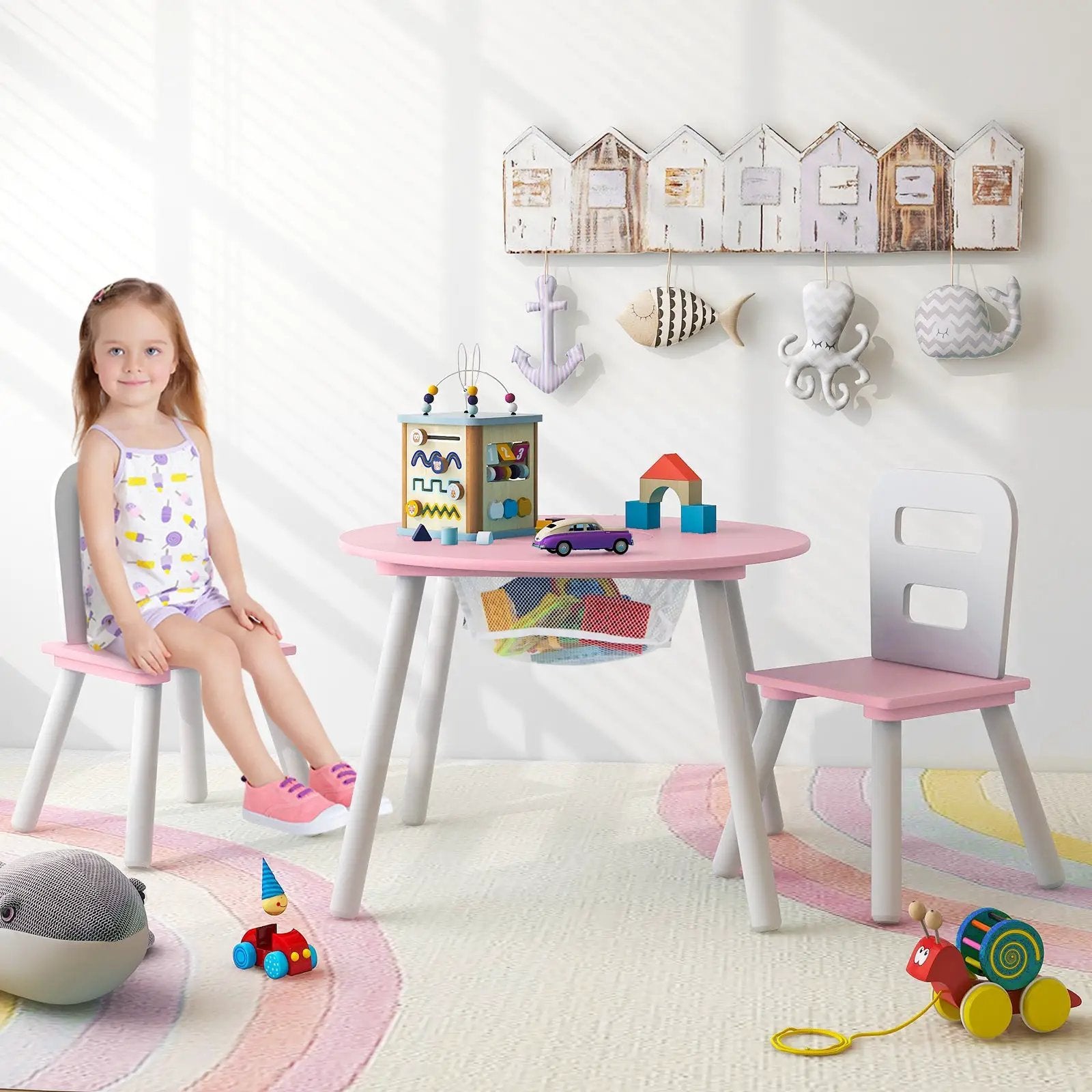Wood Activity Kids Table and Chair Set with Center Mesh Storage for Snack Time and Homework-Pink by DirectDeals