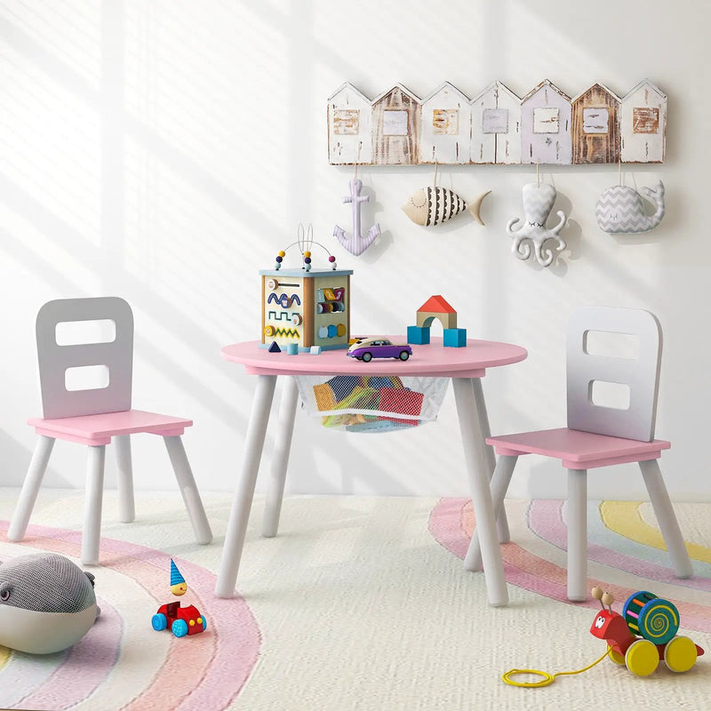 Wood Activity Kids Table and Chair Set with Center Mesh Storage for Snack Time and Homework-Pink by DirectDeals