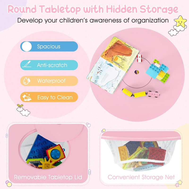Wood Activity Kids Table and Chair Set with Center Mesh Storage for Snack Time and Homework-Pink by DirectDeals