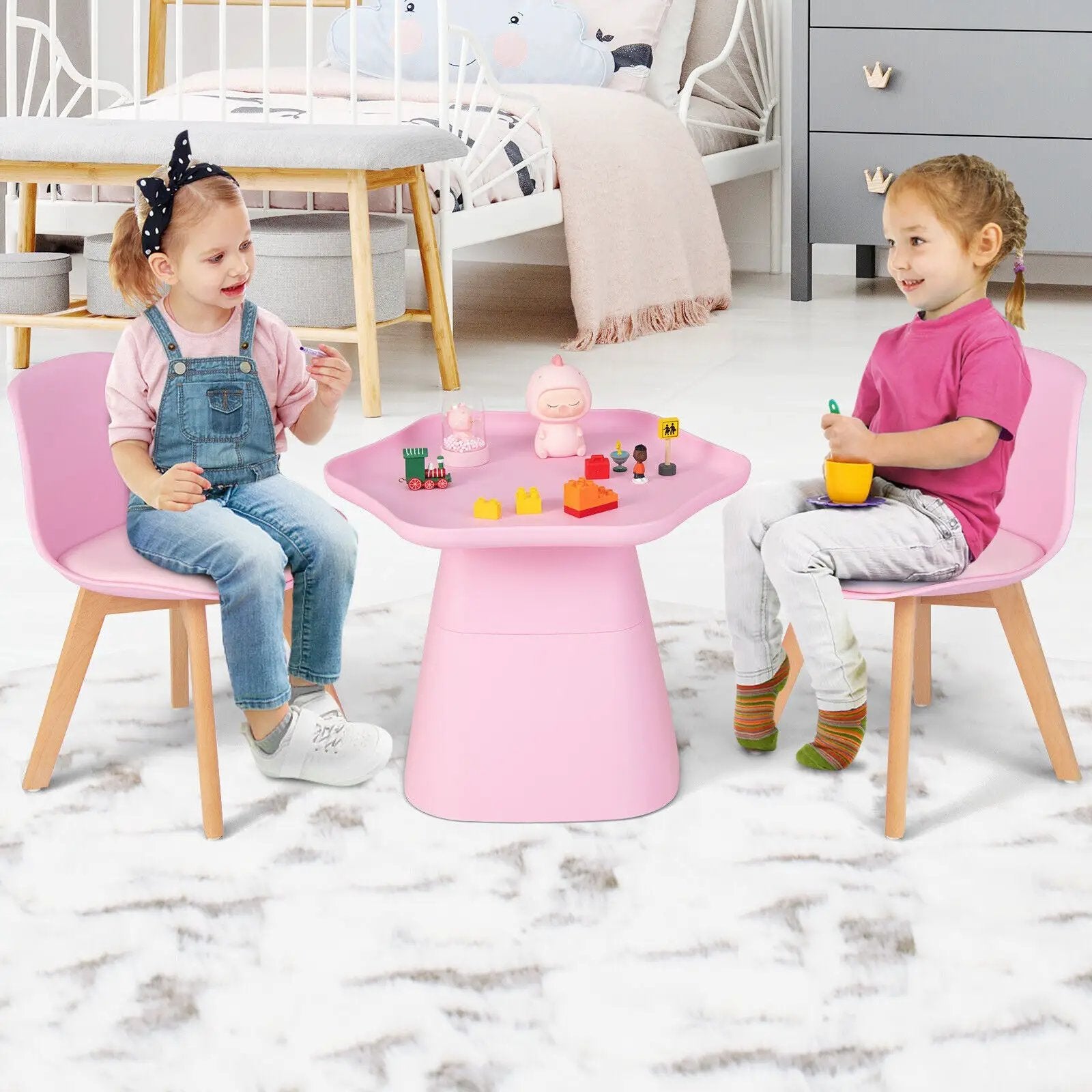 Wooden Kids Activity Table and Chairs Set with Padded Seat-Pink by DirectDeals