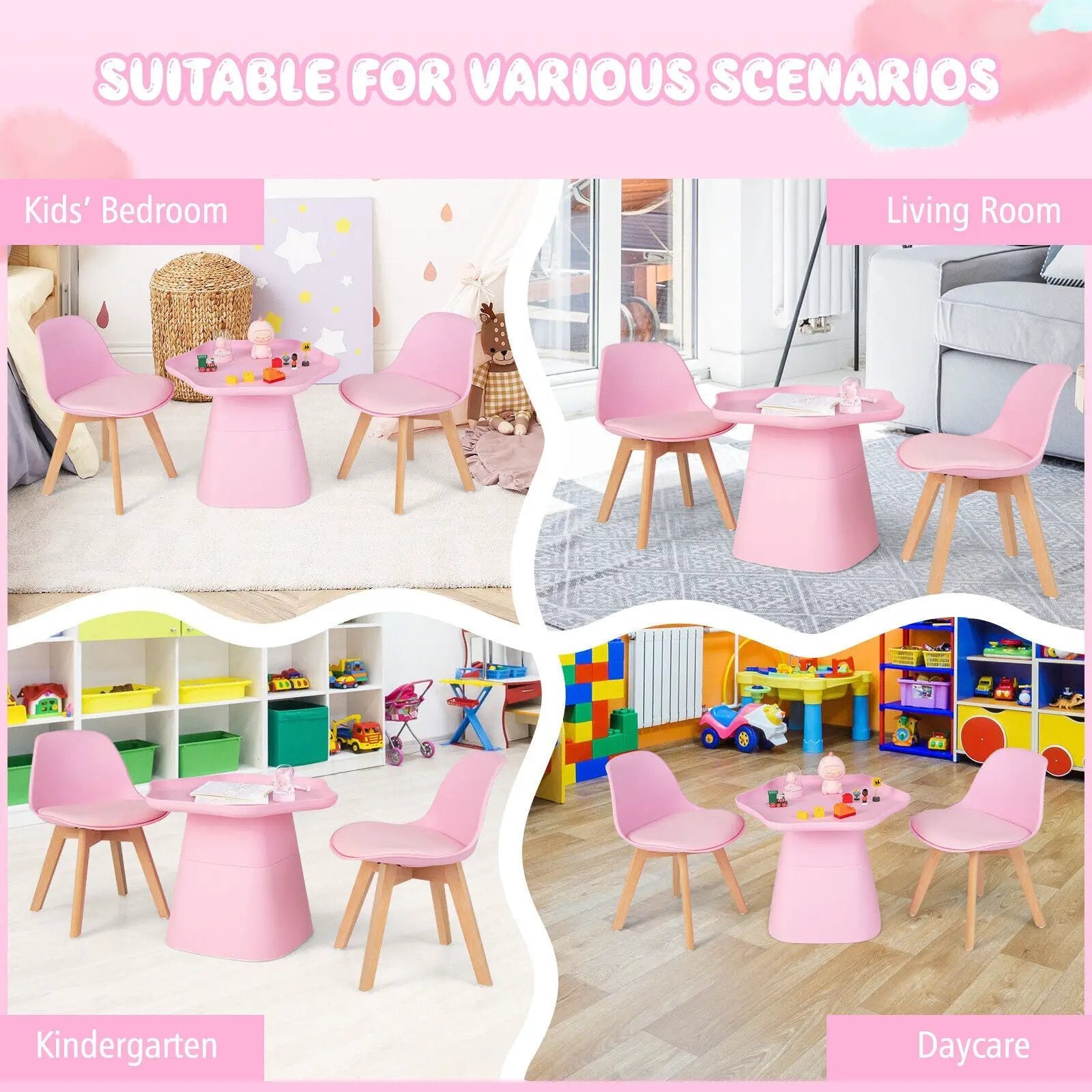 Wooden Kids Activity Table and Chairs Set with Padded Seat-Pink by DirectDeals