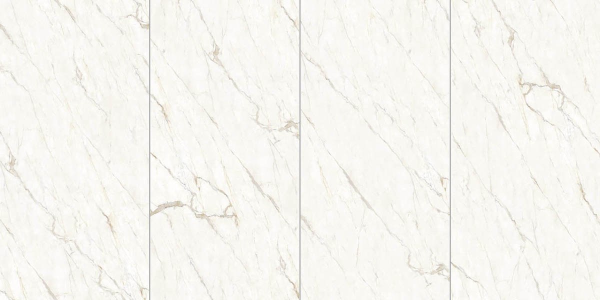 Plane 2.0 Calacatta Oro Natural Marble Look Porcelain Panel 30x60 6mm, several pieces laid together