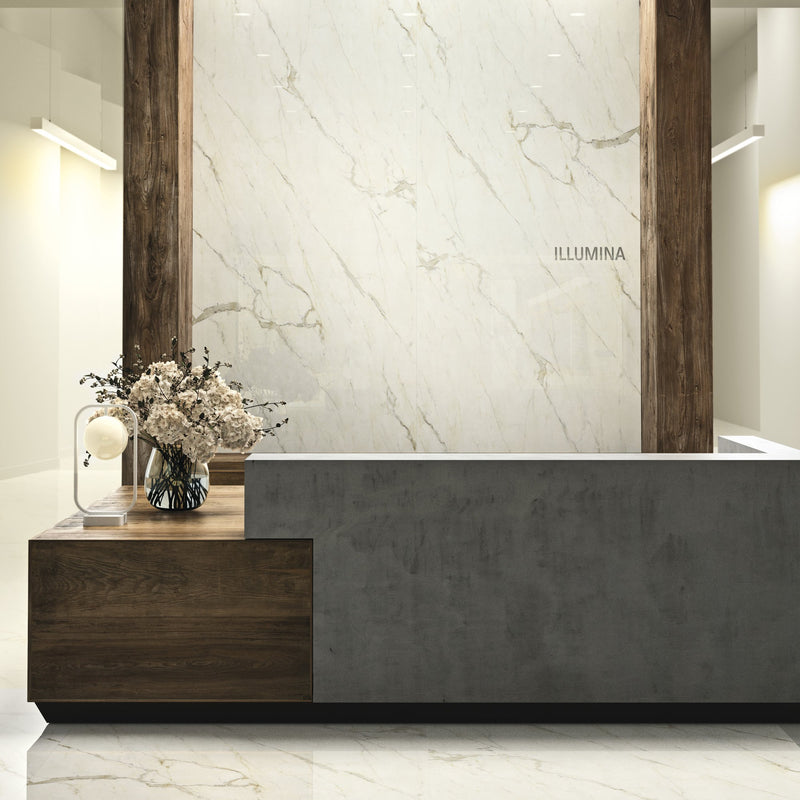 Plane 2.0 Calacatta Oro Natural Marble Look Porcelain Panel 30x60 6mm installed in a lobby, view 2