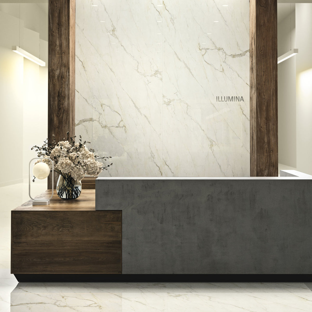Plane 2.0 Calacatta Oro Polished Marble Look Porcelain Slab 60x120 6mm installed in a lobby, view 2