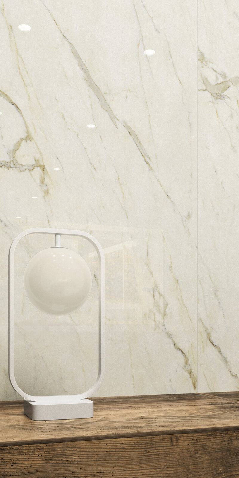 Plane 2.0 Calacatta Oro Polished Marble Look Porcelain Slab 60x120 6mm installed in a lobby