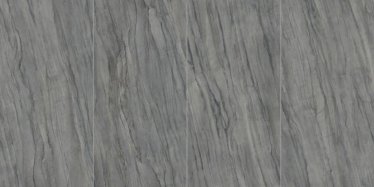 Plane 2.0 Grey Storm Polished Marble Look Porcelain Slab 60x120 6mm, several pieces laid together