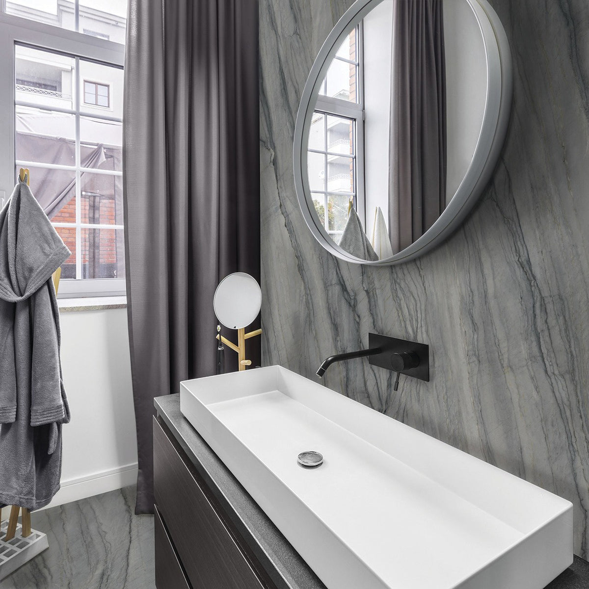 Plane 2.0 Grey Storm Polished Marble Look Porcelain Slab 60x120 6mm installed in a bathroom