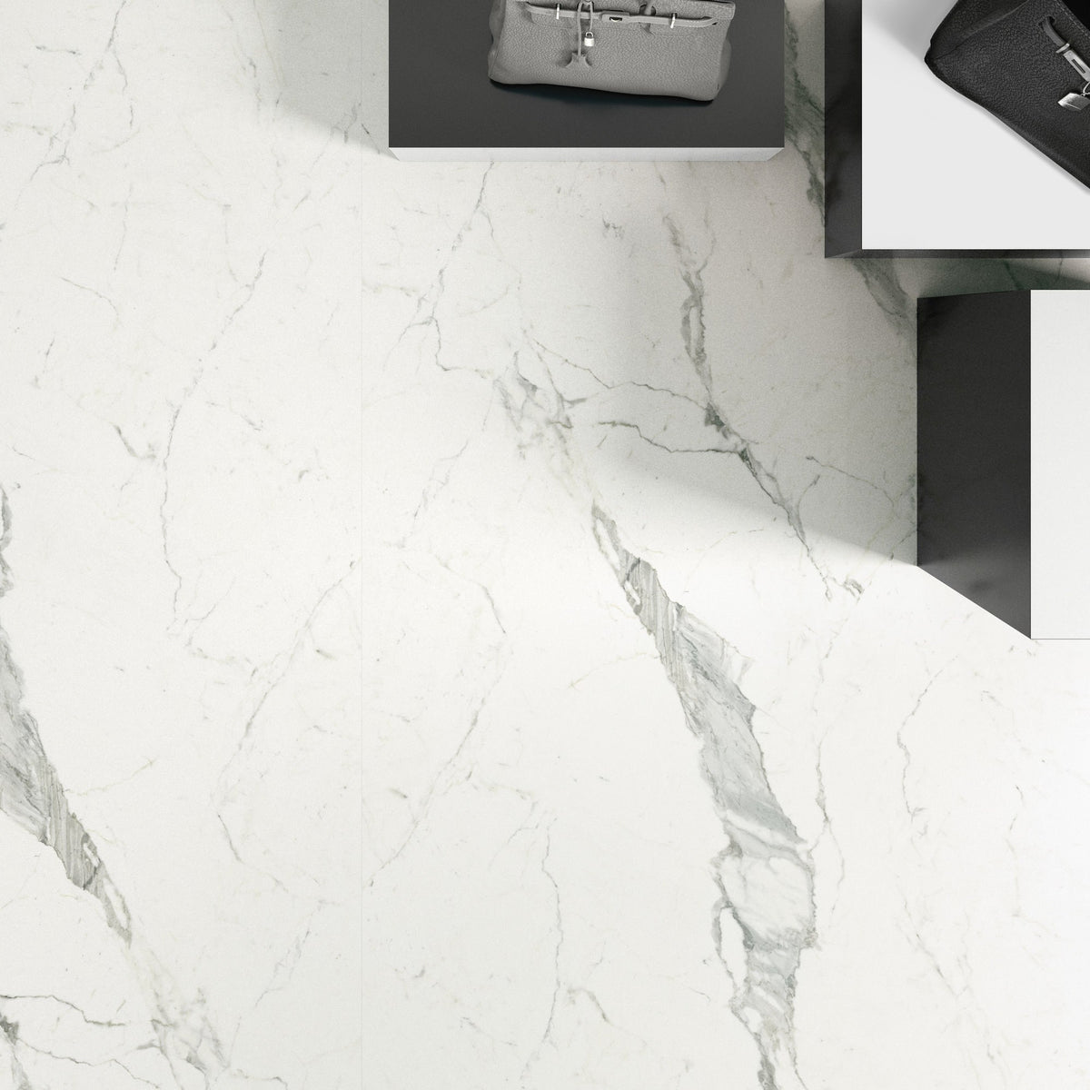 Plane 2.0 Statuarietto Natural Marble Look Porcelain Slab 60x120 6mm installed in a shop, view 2