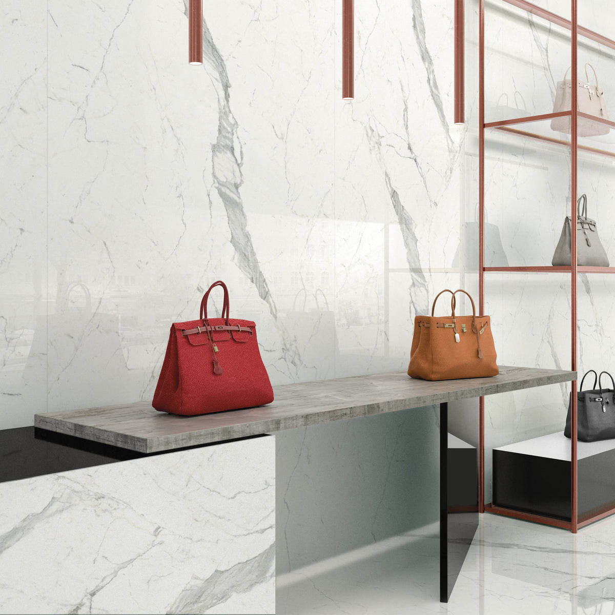 Plane 2.0 Statuarietto Natural Marble Look Porcelain Slab 60x120 6mm installed in a shop, view 3