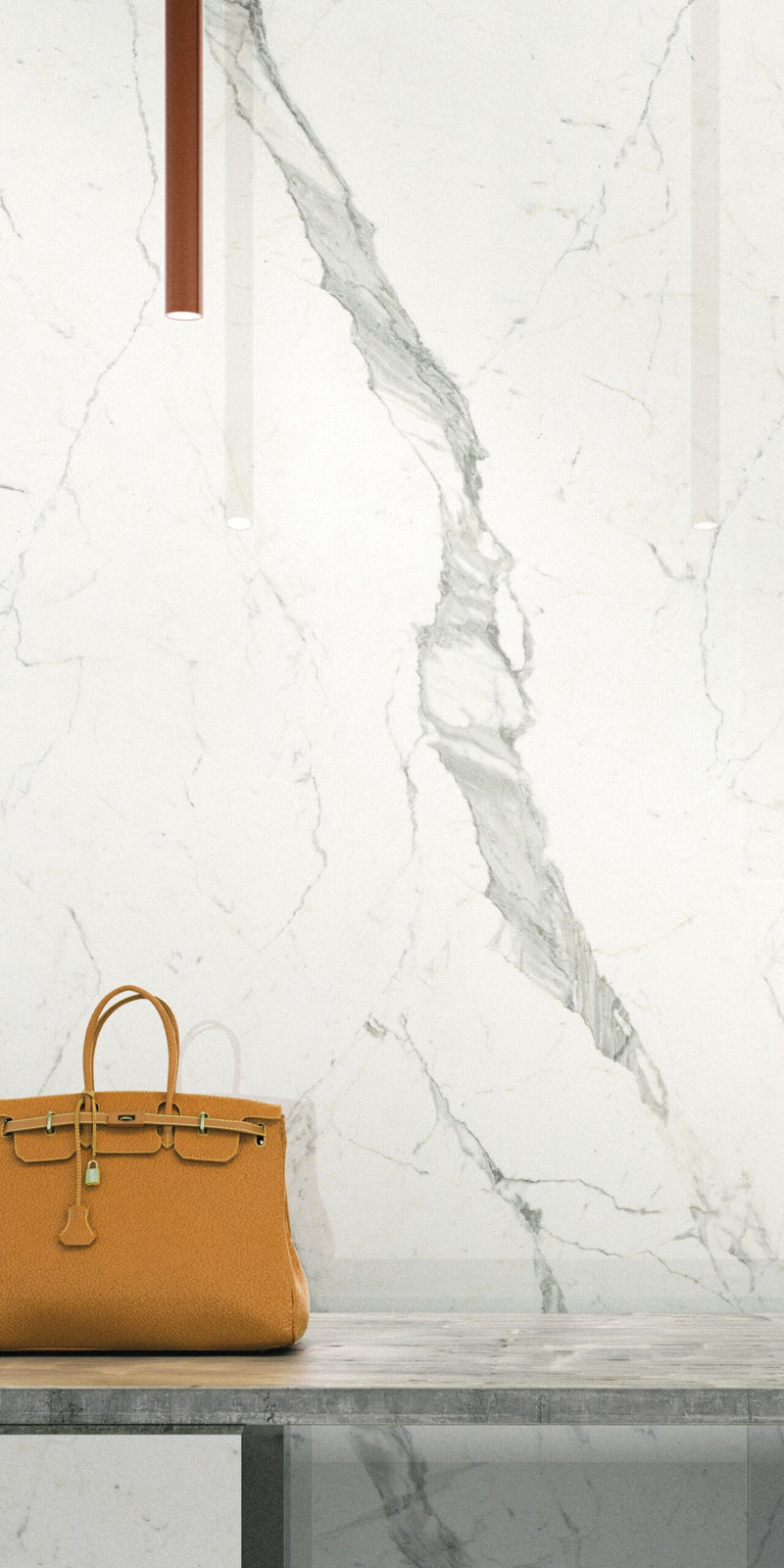 Plane 2.0 Statuarietto Natural Marble Look Porcelain Slab 60x120 6mm installed in a shop