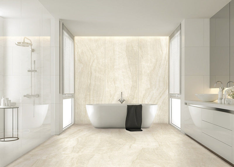 Plane 2.0 Taj Mahal Polished Marble Look Porcelain Slab 60x120 6mm installed in a bathroom