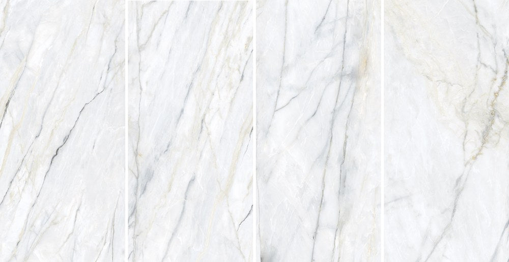 Plane Dimension Calacatta Bluette Natural Marble Look Porcelain Slab 60x120 6mm, several pieces laid together