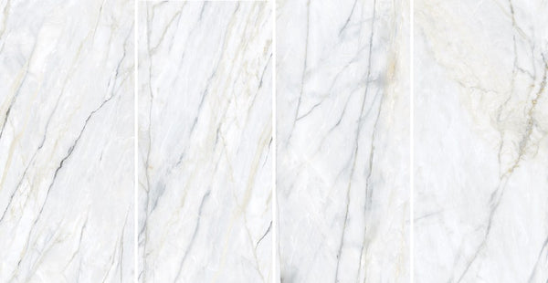 Plane Dimension Calacatta Bluette Natural Marble Look Porcelain Slab 60x120 6mm, several pieces laid together