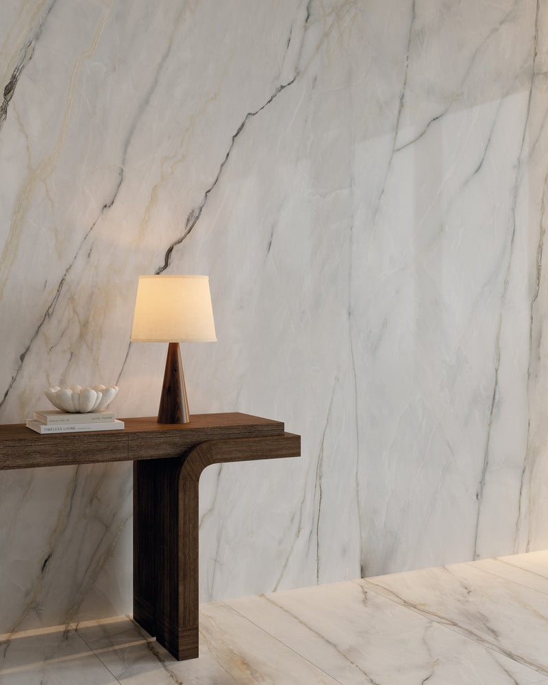 Plane Dimension Calacatta Bluette Natural Marble Look Porcelain Slab 60x120 6mm installed in an airport terminal, view 2