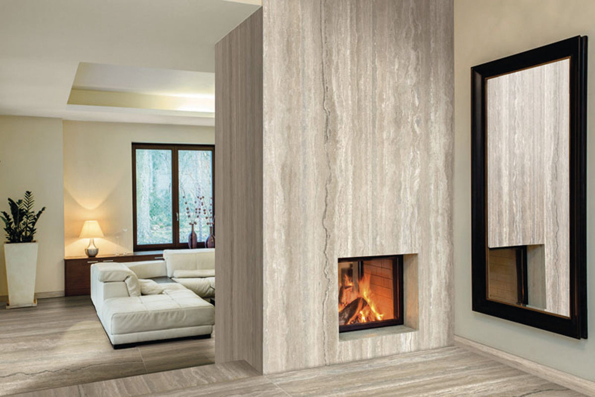 Plane Travertino Vena Natural Marble Look Porcelain Slab 60x120 6mm installed in a living room