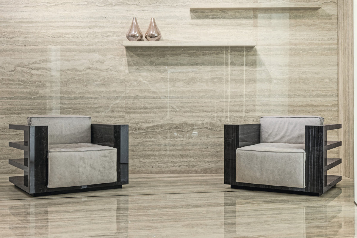 Plane Travertino Vena Polished Marble Look Porcelain Slab 60x120 6mm installed in a living room, view 2
