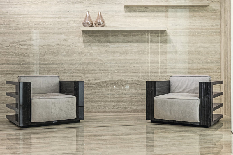 Plane Travertino Vena Polished Marble Look Porcelain Slab 60x120 6mm installed in a living room, view 2