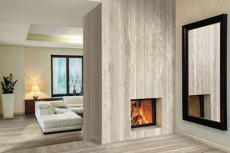 Plane Travertino Vena Polished Marble Look Porcelain Slab 60x120 6mm installed in a living room