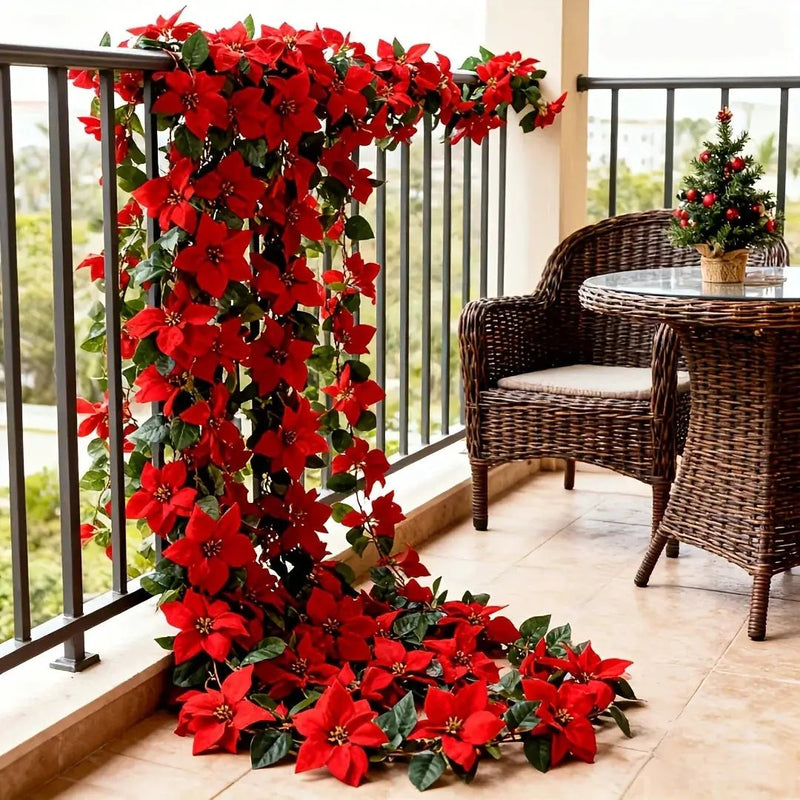 Plastic Artificial Poinsettia Wreath Large with Red Flowers and Green Leaves by House Of Avana