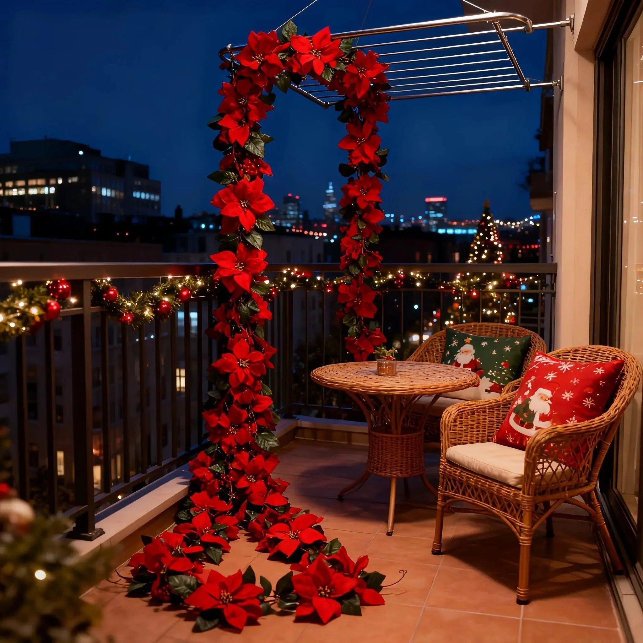 Plastic Artificial Poinsettia Wreath Large with Red Flowers and Green Leaves by House Of Avana