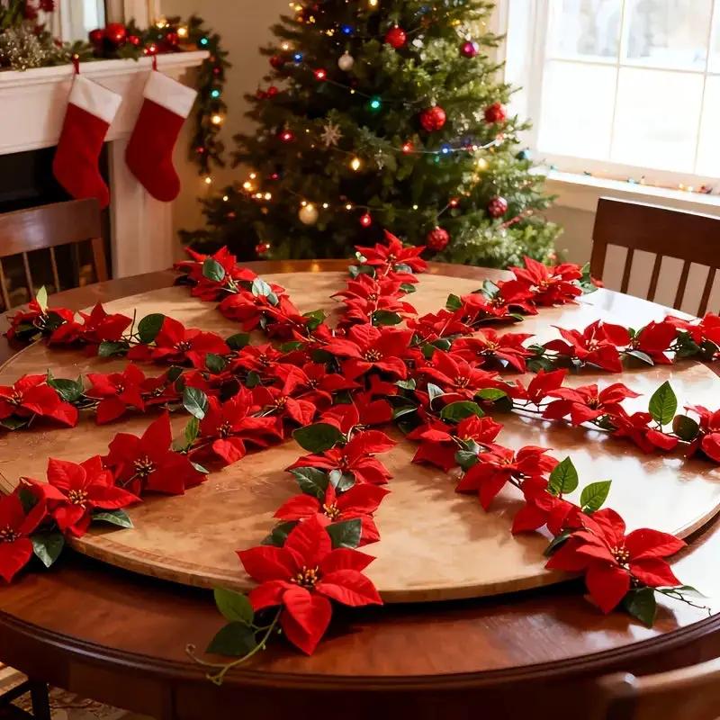 Plastic Artificial Poinsettia Wreath Large with Red Flowers and Green Leaves by House Of Avana