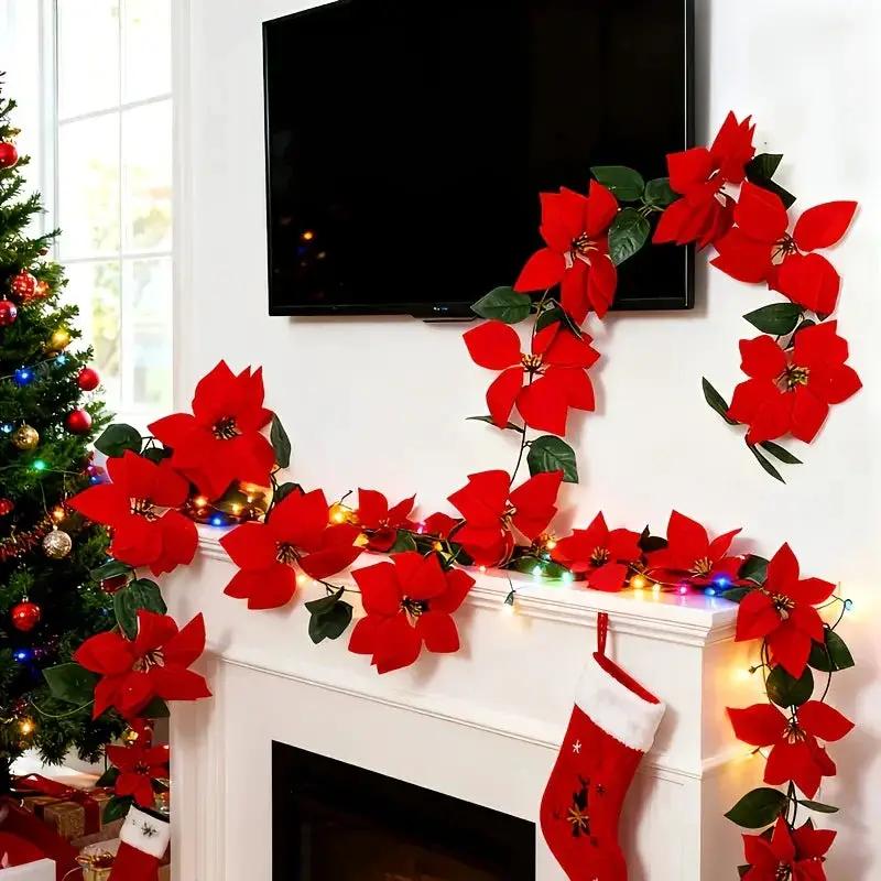 Plastic Artificial Poinsettia Wreath Large with Red Flowers and Green Leaves by House Of Avana