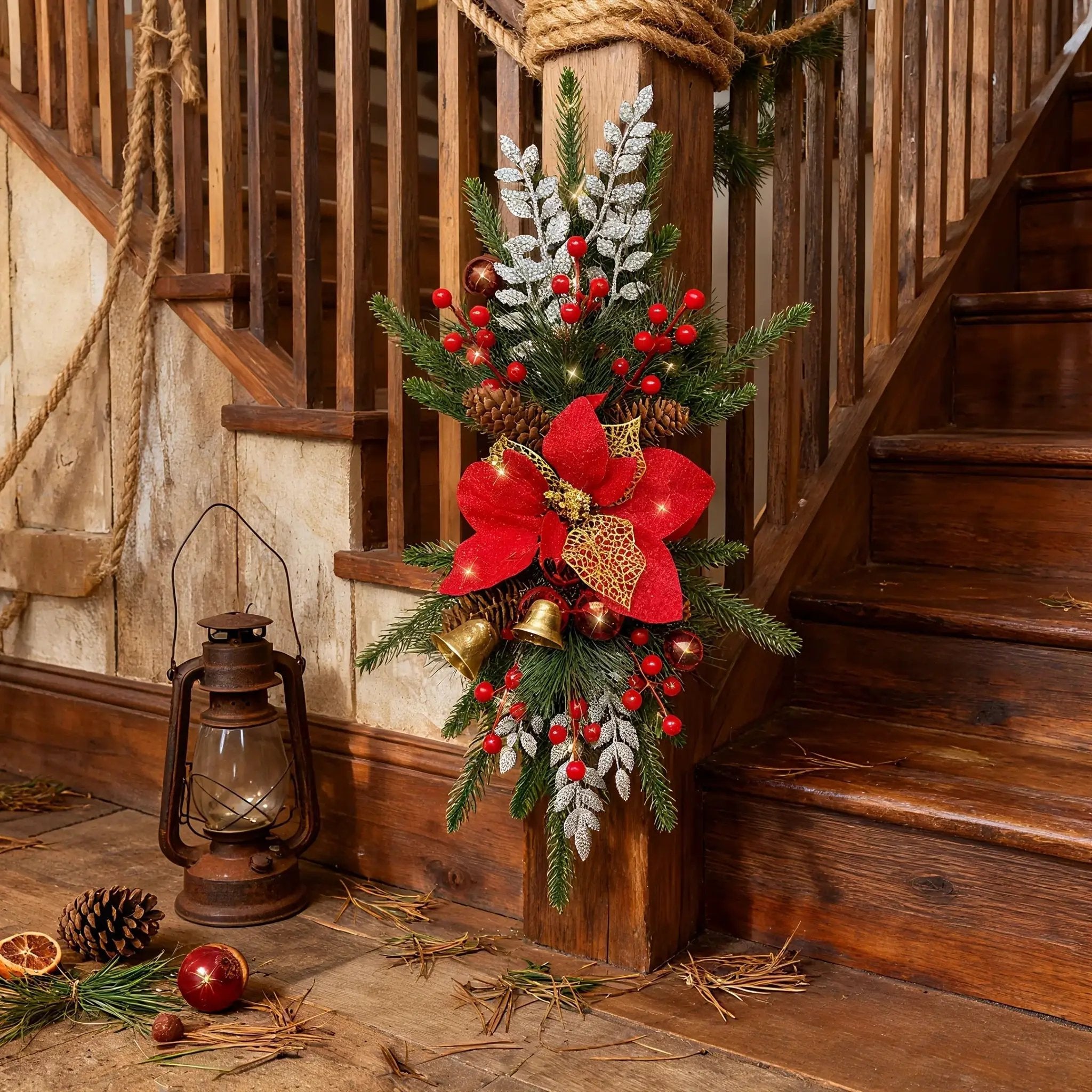 Plastic Christmas Garland 24-Inch Red with Poinsettias & Pine Cones by House Of Avana