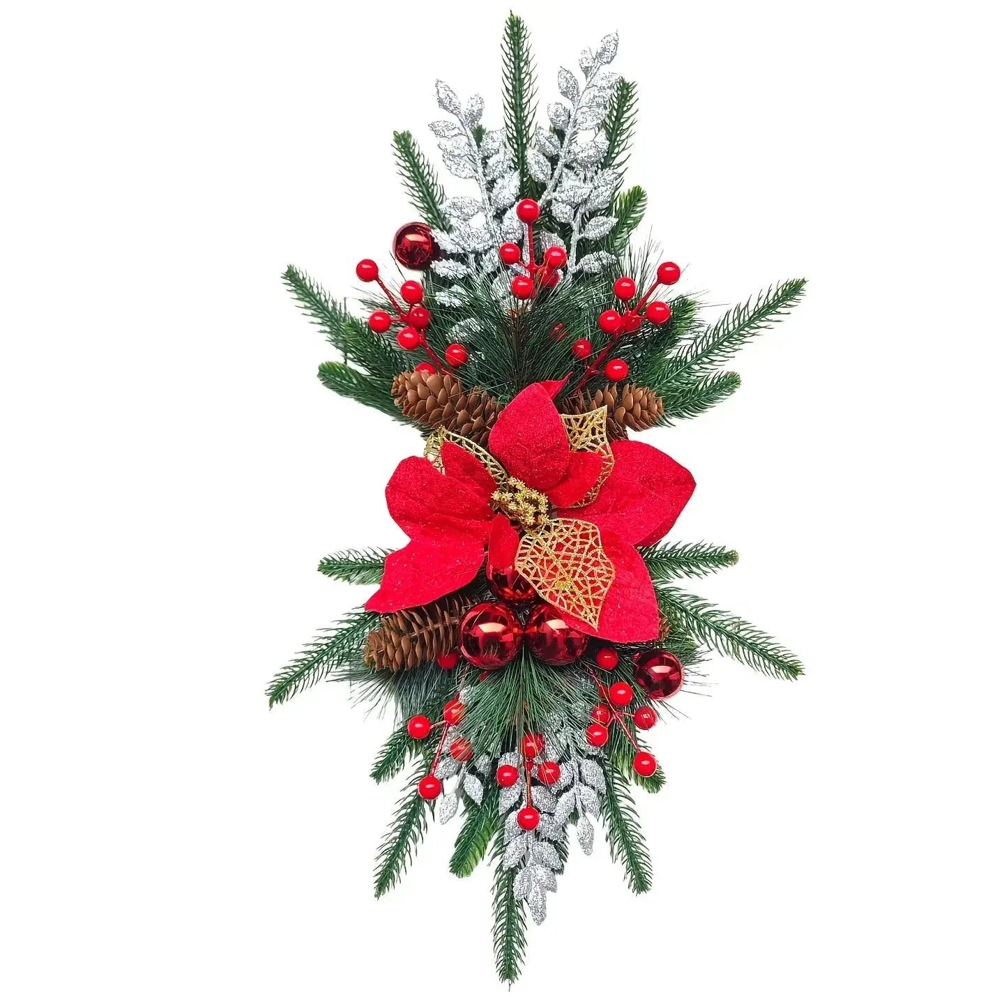 Plastic Christmas Garland 24-Inch Red with Poinsettias & Pine Cones by House Of Avana