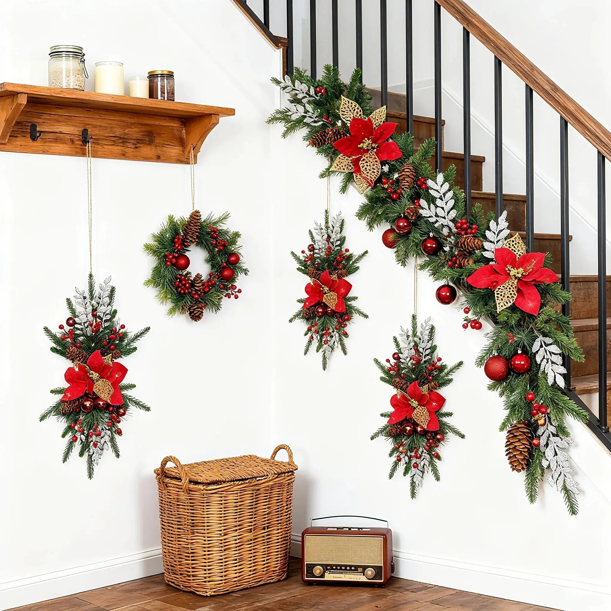 Plastic Christmas Garland 24-Inch Red with Poinsettias & Pine Cones by House Of Avana