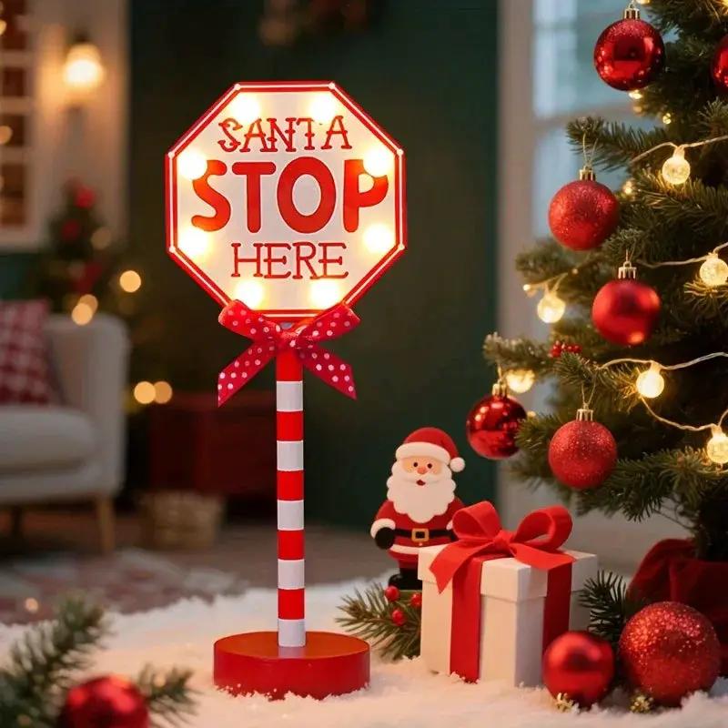 Plastic Christmas LED Sign with Santa Claus & "SANTA STOP HERE" Text by House Of Avana