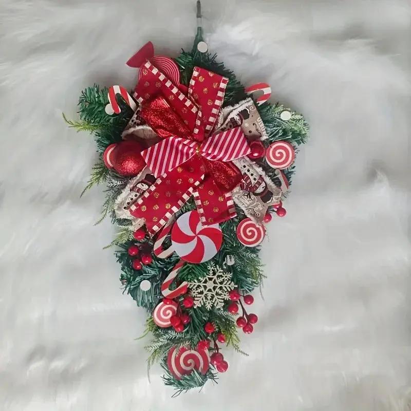 Plastic Christmas Wreath - Red & Candy Cane Design with Golden Bows by House Of Avana